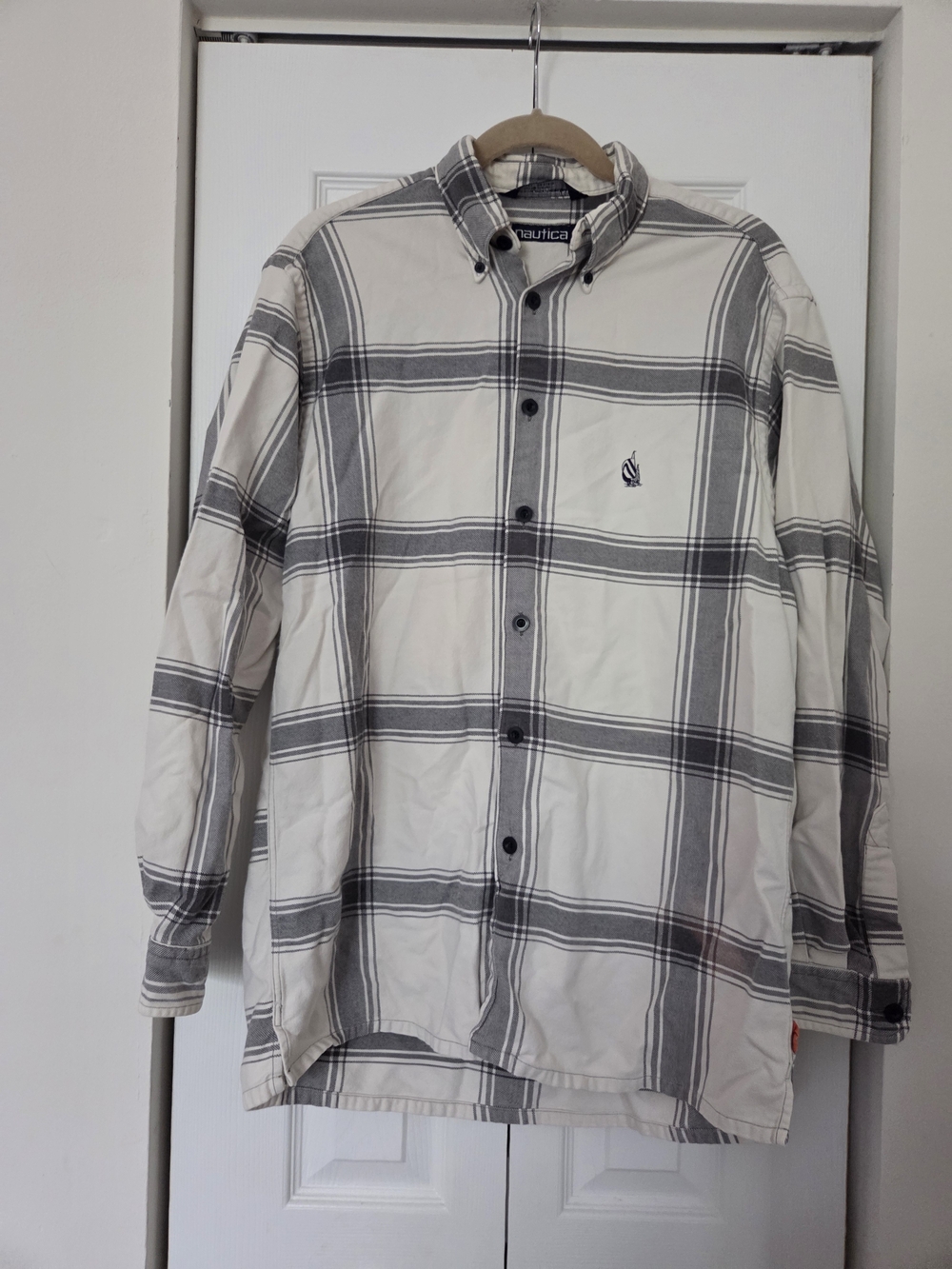 Nautica Cream & Gray Plaid Collared Shirt